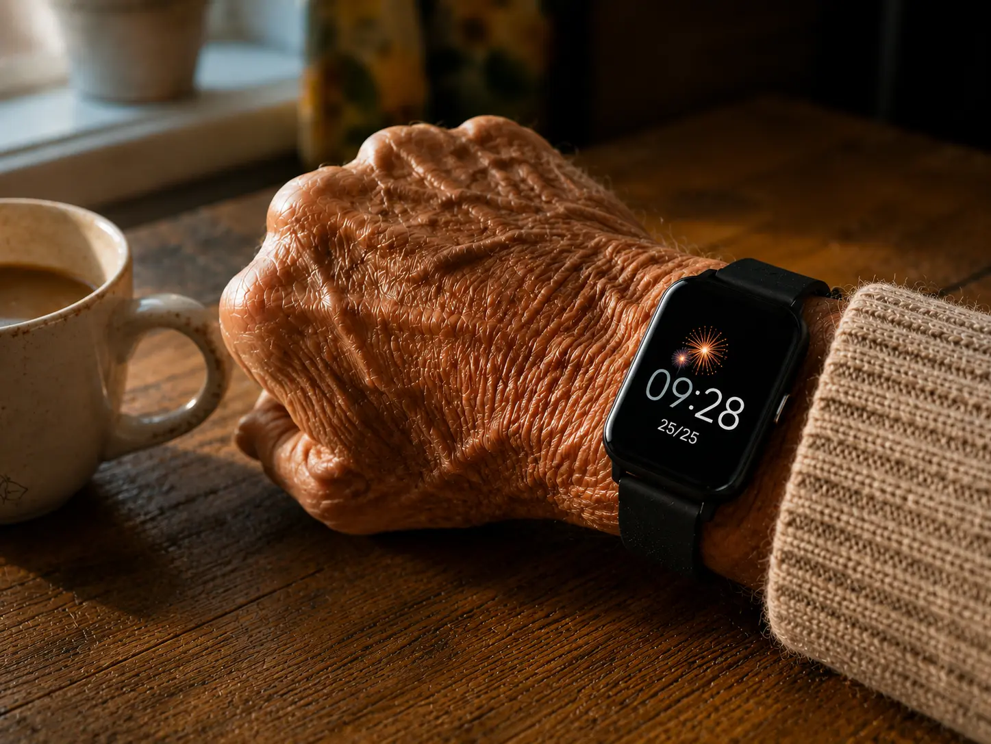 Manos de persona mayor con reloj Geros en la muñeca, botón SOS visible, luz cálida de mañana