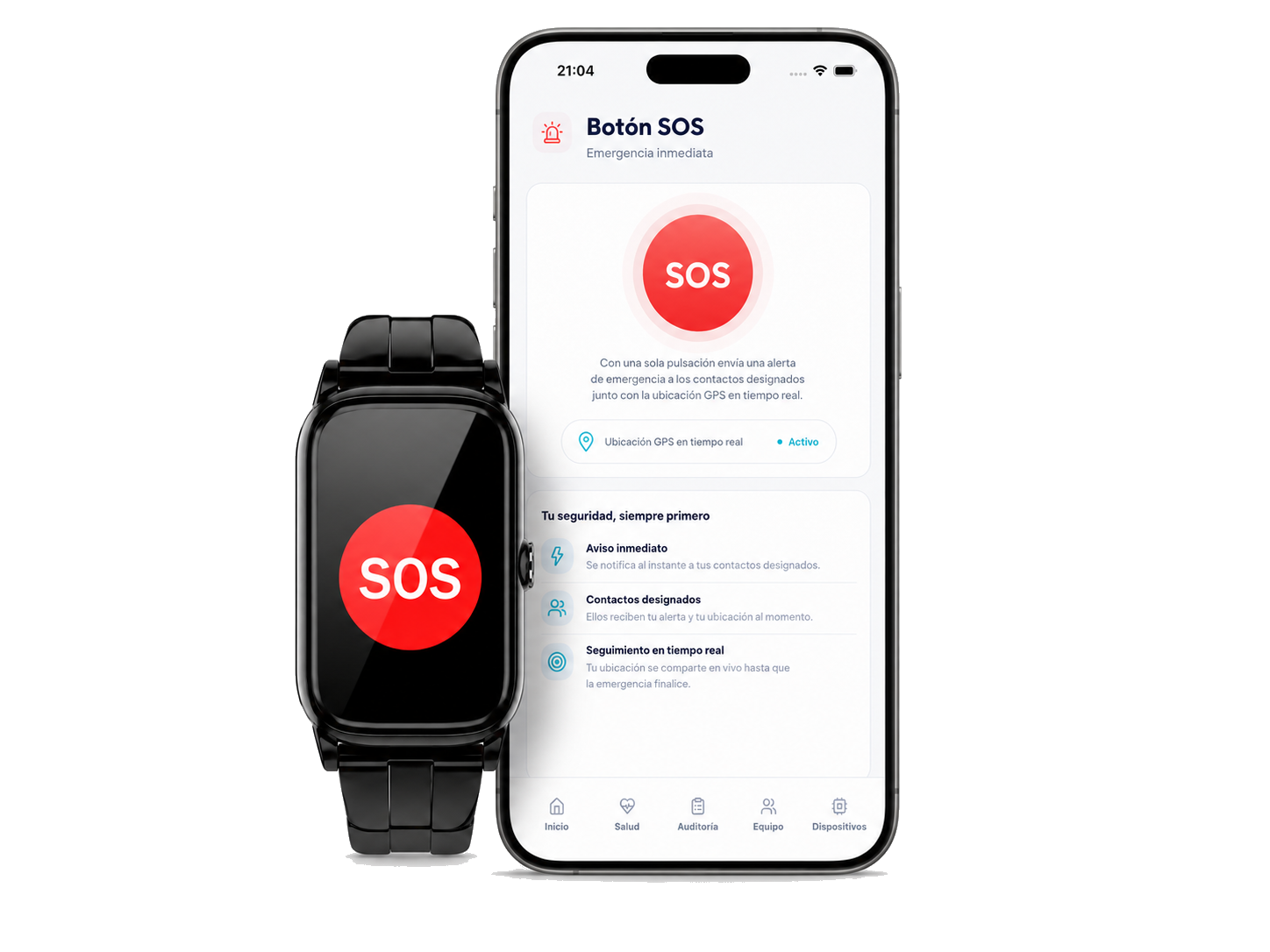 Botón SOS para ancianos Geros visible en reloj y app móvil