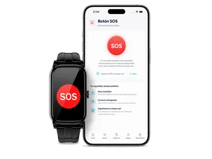 Botón SOS para ancianos Geros visible en reloj y app móvil